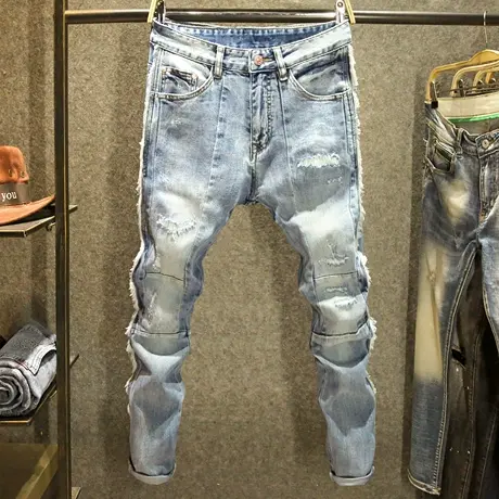 潮牌毛边设计牛仔裤男修身小脚裤个性拼接街头痞帅破洞刮烂裤子男商品大图