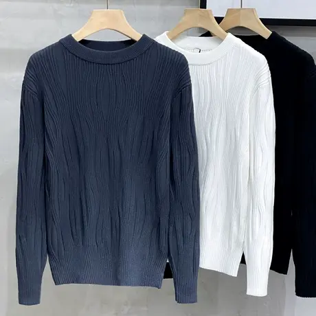 秋冬季男士圆领毛衣潮流修身打底线衣青年保暖纯色波浪纹针织衫男商品大图