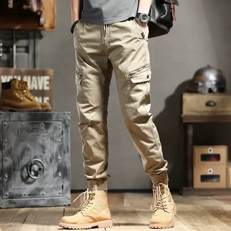 春夏新款潮牌男士工装裤直筒修身束脚裤美式抽绳多袋黑色裤子百搭图片