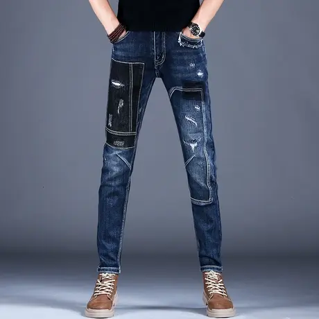 男士蓝森拼接破洞牛仔裤男修身小脚裤子韩版潮牌男款秋季新款2023商品大图