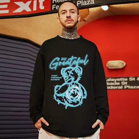 春秋长袖T恤男圆领夏季ins宽松潮流百搭纯棉上衣潮牌小熊大码男装商品大图