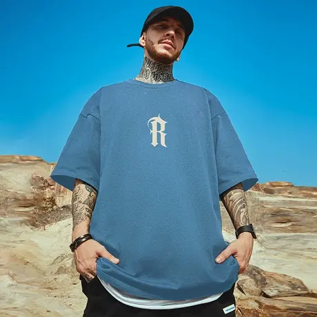 高街潮牌宽松T恤胖子短袖加肥加大五分半袖重磅国潮大码男装夏季商品大图