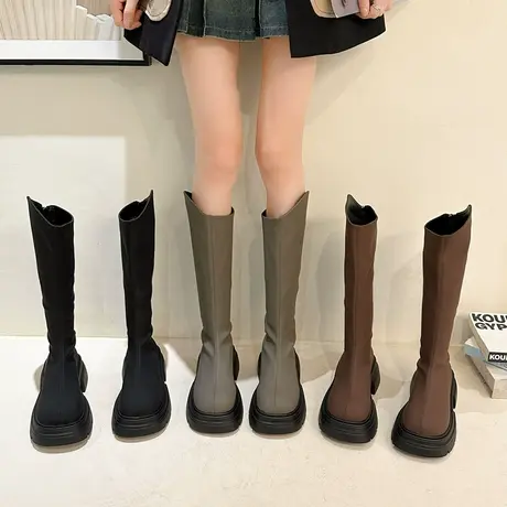 白色小个子长筒骑士靴女靴子2023新款春秋冬季卡其色夏季中筒长靴商品大图