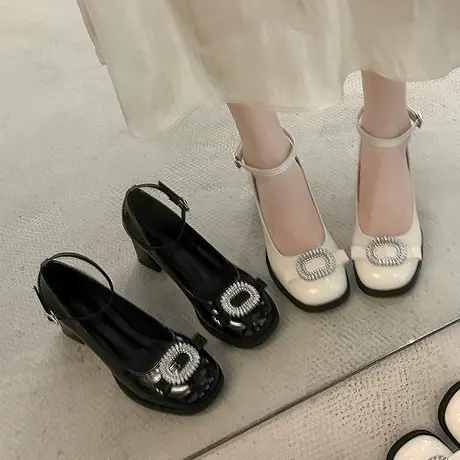 永希玛丽珍鞋女夏季2023年新款粗跟气质高跟鞋水钻时尚配裙子单鞋商品大图