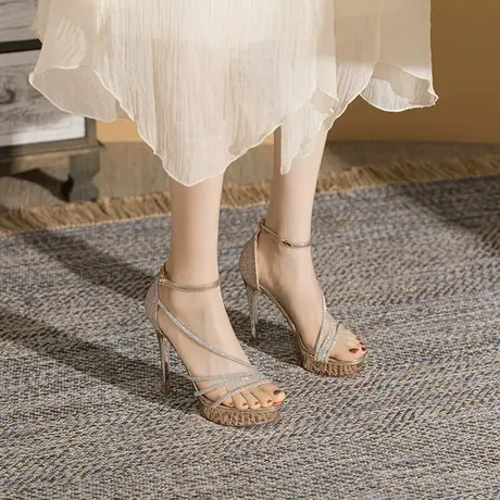 一字扣带罗马凉鞋女2023年夏季新款性感水钻仙女风露趾细跟高跟鞋商品大图