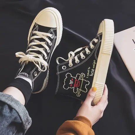高帮帆布鞋女2023新款春秋季韩版百搭饼干嘻哈板鞋子女ins潮布鞋图片