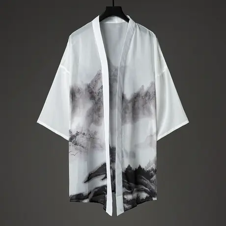 中国风秋季雪纺中袖开衫居士服男士古典表演服民族风轻薄披风外套图片