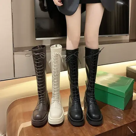 高筒骑士靴女2023年新款春秋女鞋白色厚底小个子长筒不过膝长靴子图片