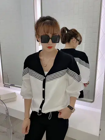 欧货条纹拼接撞色V领半袖衬衫女2023夏季新款减龄慵懒港风上衣潮商品大图