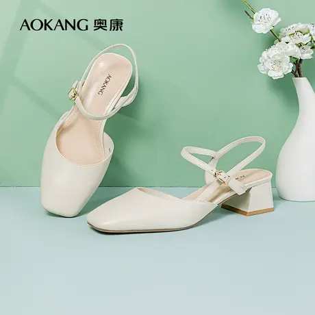 奥康女鞋夏季2023新款时尚女士时装凉鞋粗方跟法式气质优雅包头鞋图片