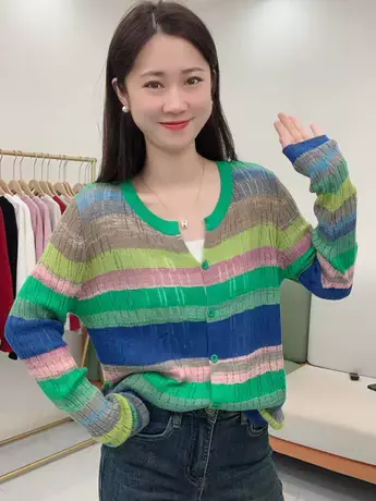 薄款针织开衫女装新款时尚V领彩虹条纹长袖外套女洋气外穿上衣潮商品大图