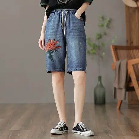 dza 高腰显瘦绣花直筒牛仔中裤女士夏季薄款短款宽松休闲五分裤子图片