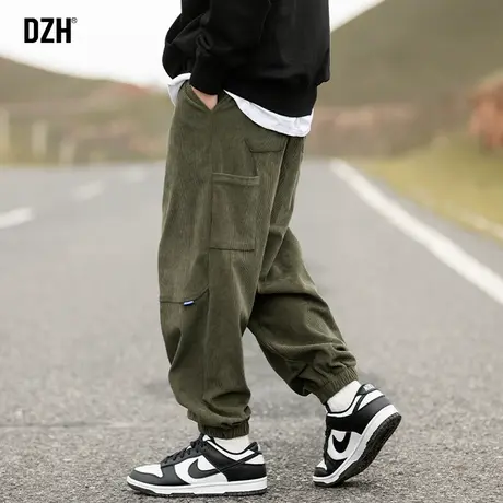 男士军绿色灯芯绒裤子男秋季痞帅高级感男裤休闲长裤运动裤束脚裤商品大图