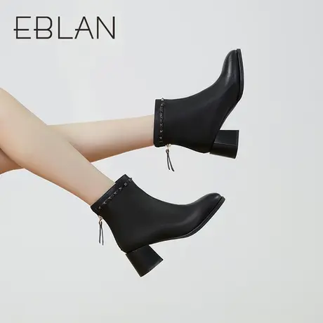 伊伴2022秋冬女鞋粗跟后拉链短靴纯色铆钉时装靴女小香风瘦瘦女靴图片