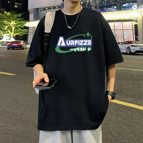 潮流美式休闲短袖t恤男夏季新款重磅纯棉圆领体恤衫港风运动上衣商品大图