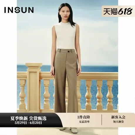 INSUN恩裳专选混纺女士通勤卡其色阔腿休闲裤图片