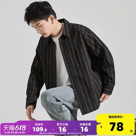 唐狮秋季新款长袖衬衫男卡其色条纹复古休闲日系宽松衬衣外套男装商品大图