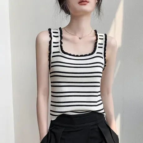 歌倍尚条纹花边方领吊带背心女2025夏季新款修身衬衫内搭无袖上衣商品大图