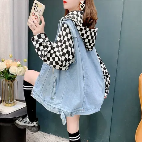 设计感连帽牛仔外套女春秋2022年新款韩版宽松假两件棋盘格袖上衣商品大图