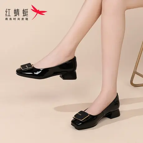红蜻蜓女鞋春季新款漆皮亮面夏季低跟一脚蹬懒人小皮鞋单鞋女真皮图片