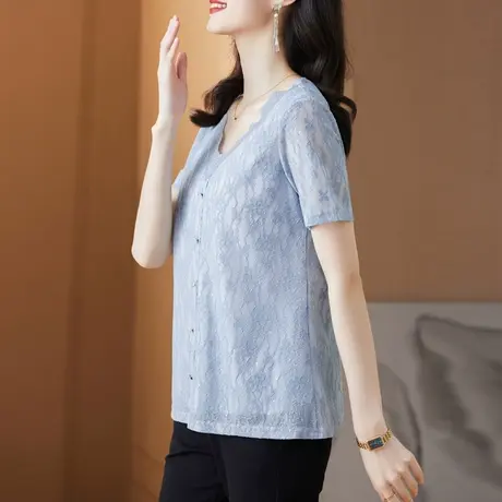 v领蕾丝短袖t恤女夏季2023年新款大码女装中长款上衣时尚洋气小衫商品大图