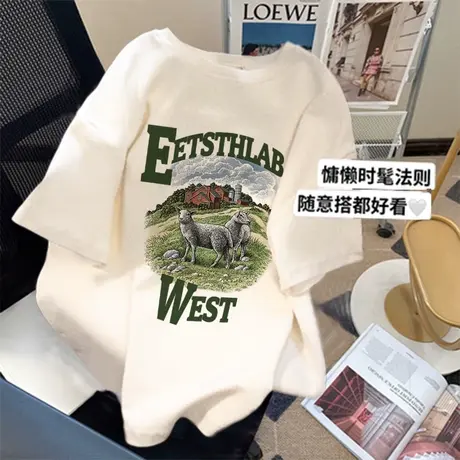 复古chic印花t恤女纯棉大码白色短袖ins潮夏季宽松正肩慵懒风上衣商品大图
