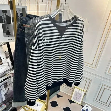 韩系条纹卫衣女款春秋2023新款爆款洋气欧货圆领大码宽松春装上衣商品大图