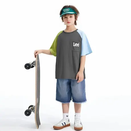 lee童装简约小口袋拼接短袖t恤男女童2025年夏季休闲宽松体恤上衣商品大图