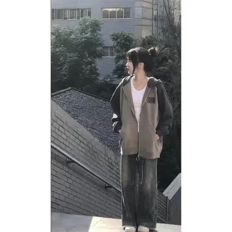 拼接撞色开衫卫衣女秋冬2023新款美式复古小个子宽松连帽外套上衣商品大图