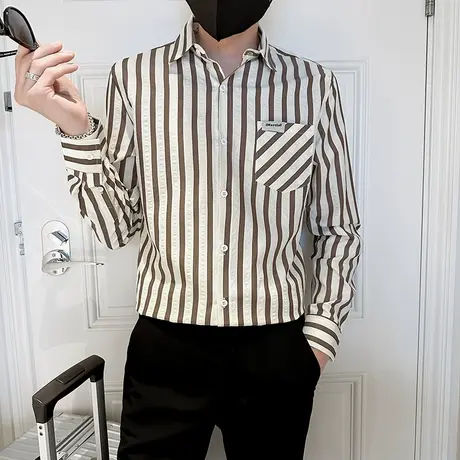 长袖条纹衬衫男秋季小众个性潮牌高级感韩版修身内搭休闲衬衣男装图片