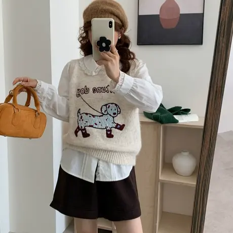 学院风小狗刺绣针织马甲女秋季新款可爱卡通无袖坎肩毛衣背心外穿商品大图