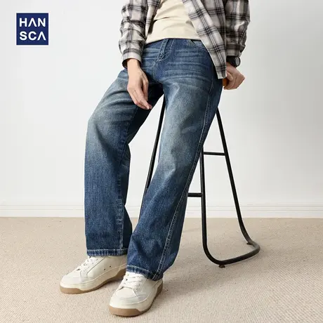 hansca阔腿牛仔裤男宽松直筒2025新款男潮牌高端秋季复古水洗长裤商品大图