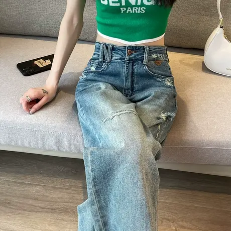 阔腿牛仔裤女春秋潮牌高腰宽松显瘦复古做旧破洞毛边小众直筒长裤商品大图