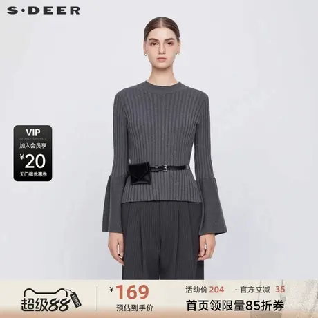 sdeer圣迪奥女装罗纹圆领肌理喇叭袖修身针织衫S23483514商品大图
