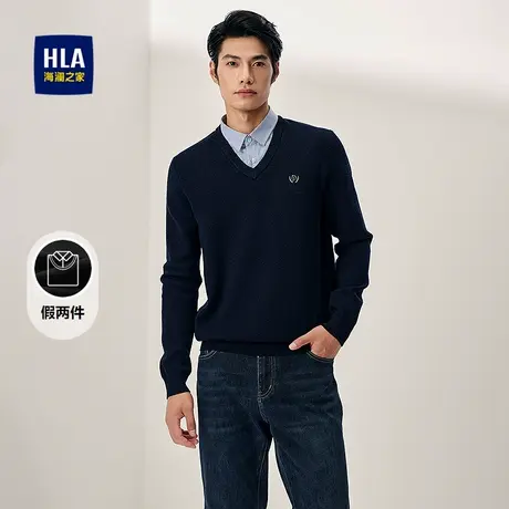 HLA/海澜之家双领针织衫2025秋季新款时尚保暖套头衫假两件毛衣男图片
