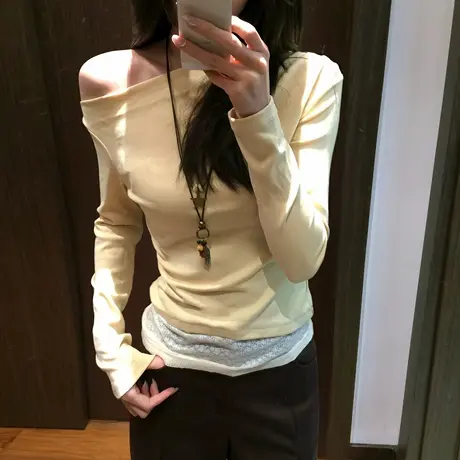 蕾丝拼接假两件长袖T恤女春秋修身韩版内搭打底衫斜肩露肩上衣潮商品大图