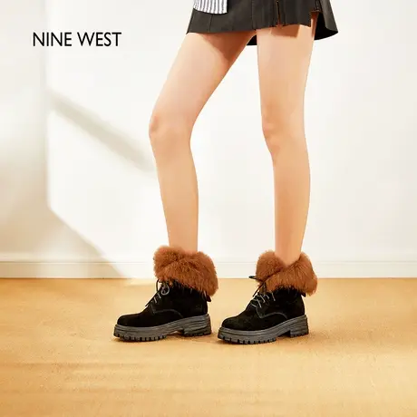 Nine West/玖熙加绒加厚雪地靴女黑色反绒棉鞋显瘦靴子秋冬新款图片