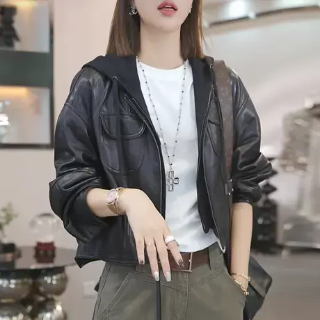 高级感黑色连帽假两件皮衣外套女秋季新款显瘦短款夹克洋气上衣潮商品大图