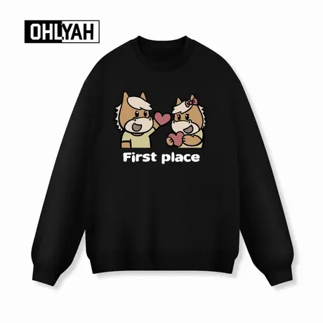 Ohlyah品牌秋冬时尚爱心情侣小马卡通印花圆领卫衣男女款大码落肩商品大图
