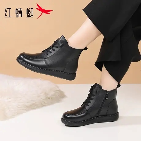 红蜻蜓冬季女鞋靴子女短靴中筒棉靴真皮加绒加厚妈妈棉鞋冬天牛皮图片