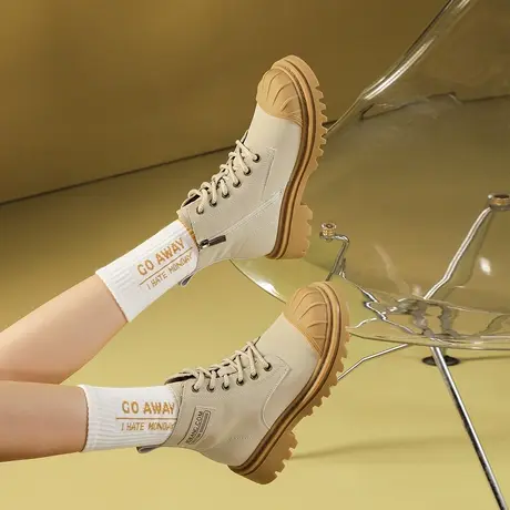 奥康女鞋 冬季新款贝壳头厚底机车靴舒适登山靴图片