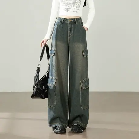 唐狮秋冬款牛仔长裤女阔腿工装女高级感工装裤阔腿牛仔裤女裤TD图片