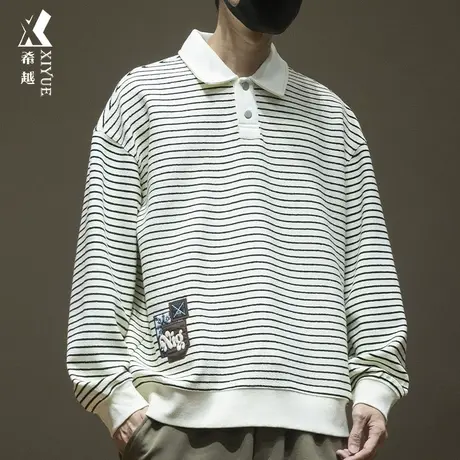 希越青少年套头Polo衫卫衣男特条纹春秋宽松大码350g重磅打底衫潮图片