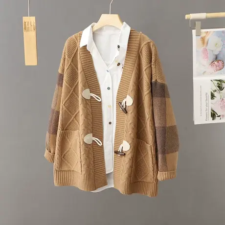 文艺拼色牛角扣针织开衫女长袖秋冬2023年新款宽松厚款毛衣外套潮图片