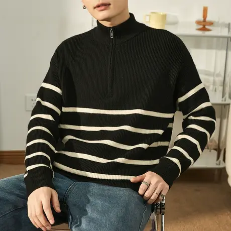唐狮春秋季男士毛衣半开胸拉链拼接条纹上衣男毛线衫男装潮商品大图