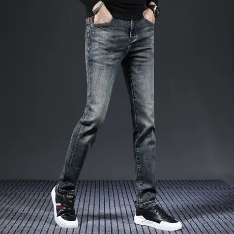 高端牛仔裤男2023秋冬新款蓝色复古修身小脚弹力男士潮流百搭裤子商品大图