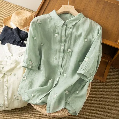 享永子中袖刺绣苎麻衬衫女文艺复古棉麻上衣宽松绣花2023夏季新款商品大图
