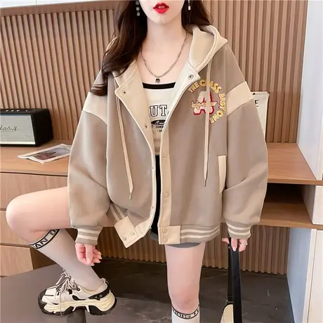 小个子拼色外套女2023新款秋冬季韩版宽松加绒加厚夹克开衫棒球服商品大图