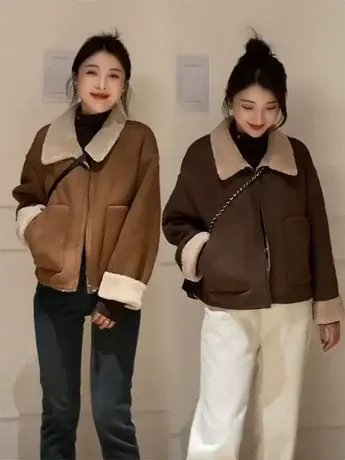 皮毛一体机车服女2023秋冬韩版翻领复古气质宽松保暖加厚短款外套图片