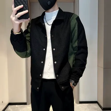 华夫格撞色拼接翻领夹克男秋冬新款ins潮流小众设计学生加棉外套图片